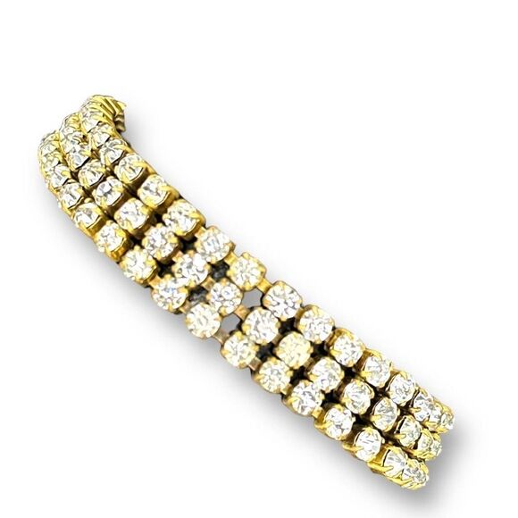 Rhinestones Bracelet Three Layer Marked Slovakia Spring Ring Clasp - Picture 3 of 9